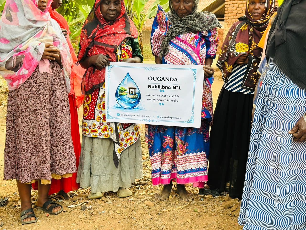 The village gathered at the well, with the sign bearing the funder's name